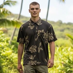 Hugo Boss Orange Mens Floral Hibiscus Polo Shirt Black Olive Green Size M EUC